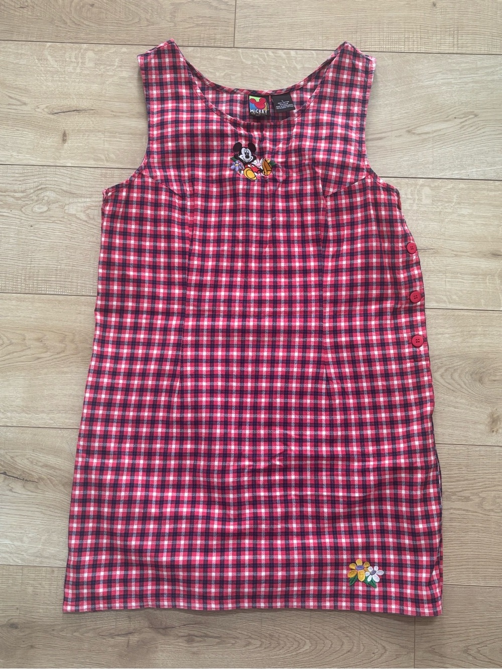 Vintage Disney Mickey Dress Red Gingham Embroidered Womens Sleeveless Dress